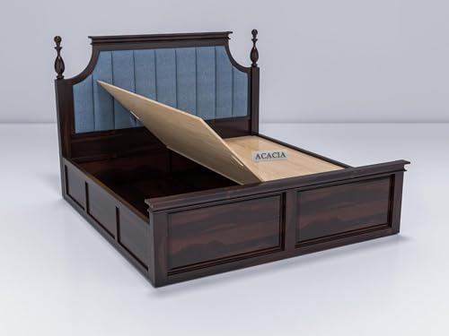 Image of Craft Wooden King Size Bed with Storage | Double Bed Cot Bed with Box Storage & Blue Colour Upholstered Cushioned Headboard for Bedroom, Sheesham Wood, Walnut Finish
