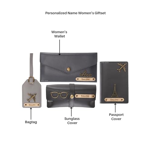 Image of AICA Personalised Name & Charm Womens Leather Combo Gift Set (Grey) | Gifts for Women| Customised Gift Hamper for Woman