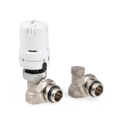 VANCOCO Robinet Thermostatique Radiateur et Coude de Réglage en équerre G1/2 (15×21) - Raccord étanche avec Joint 15/21 - Kit Thermostatique Radiateur Blanc - Protection Anti-Gel, Norme EN215