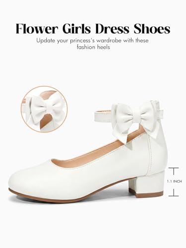 Image of Coutgo Girls Dress Shoes Flower Girl Bow Chunky Heels Closed Toe Ankle Strap Pumps Wedding Party Princess Shoes