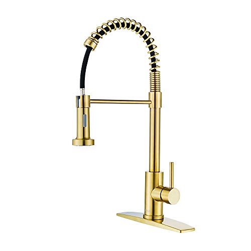 FORIOUS Gold Kitchen Faucet with Pull Down Sprayer, Commercial Spring Kitchen Sink Faucet with Pull Out Sprayer, Single Handle Kitchen faucets with Deck Plate, Champagne Gold … FORIOUS Gold Kitchen Faucet with Pull Down Sprayer, Commercial Spring Kitchen Sink Faucet with Pull Out Sprayer, Single Handle Kitchen faucets with Deck Plate, Champagne Gold …