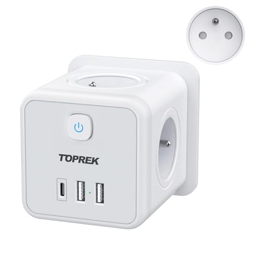 TOPREK 7 en 1 Multiprise Murale USB 4 Prises Française 4000W avec Type-C(20W PD3.0) & 2 Type-A, Chargeur USB Murale Prise Cube avec Interrupteur, Prise...