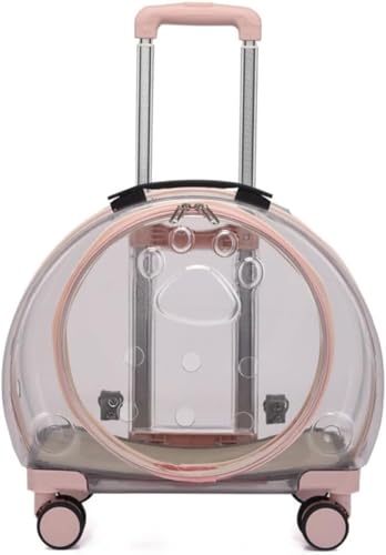 Queeningetペット用キャリーバッグホイール付き猫用ショルダーバッグ小型犬用軽量多機能アウトドアバッグ (ピンクの透明)