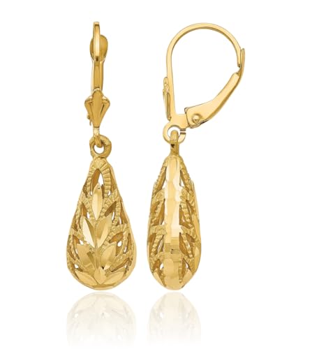 IceCarats 14K Solid Yellow Gold Filigree Medium Leaf Dangle Earrings 35mm 1 3/8 inch Lever Back, Diamond Cut For Her