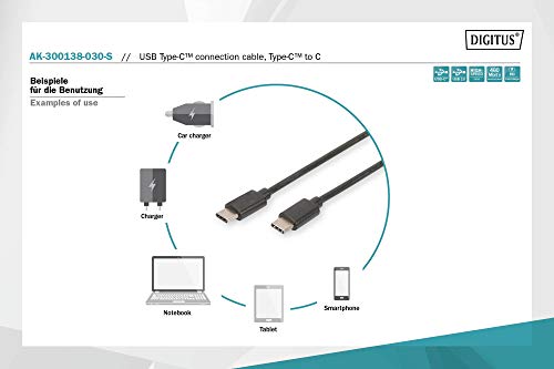 DIGITUS Cable de conexión USB 2.0 - 3,0 m - USB C (m) a USB C (m) - 480 Mbit/s - Cable tipo C, cable de conexión - Negro - imagen 5