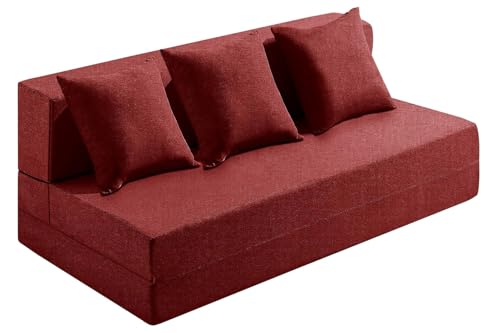 Image of Los Angeles Foldable Three Seater Sofa Cum Bed, Sofa Bed 5 X 6 Feet, Jute Fabric Washable Cover Including 3 Cushion Perfect for Home & Office - Red Color