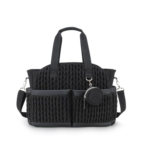 Lmbabter Diaper Tote Quilted Mommy Bag Upgrade Function Maternity Baby Bag Diaper Changing Messenger with Shoulder Strap Wet Pocket (Black)