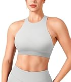 YEOREO Racerback Sports Bras for Women Padded Medium Impact Dafnien SeamlessYoga Workout Crop Tops, Beige, Large