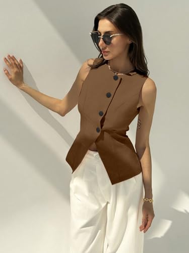 Image of Aahwan Brown Solid Modern Sleeveless Fitted Waist Slim Round Neck Blazer& Top for Women's & Girl's