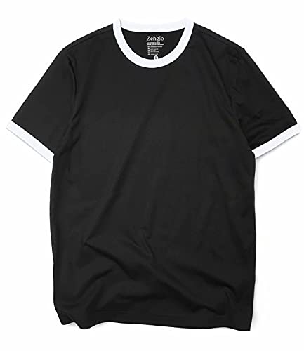 Zengjo Men's Ringer Tee Crewneck Athletic T Shirts Short Sleeve Sport Shirt for Men(Black/White,XL)