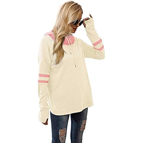 Voopptaw Women's Color Block Hooded Sweatshirt with Drawstring Ladies Thumb Holes Long Sleeve Exercise Hoodies with Pocket Beige 2XL Cover