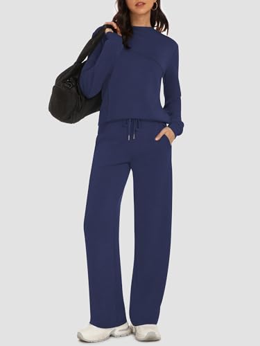 Women's 2 Piece Lounge Set Trendy Boat Neck Sweatshirt Wide Leg Pants Casual Outfits Travel Tracksuit Sets4