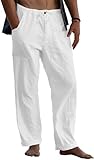Pantalon Lino Hombre Pantalones Largos Verano Hombre Ligero Frescos Casual Lino Algodón Pantalon Cintura Elástica y Cordón con Bolsillos Blanco Blanco XL