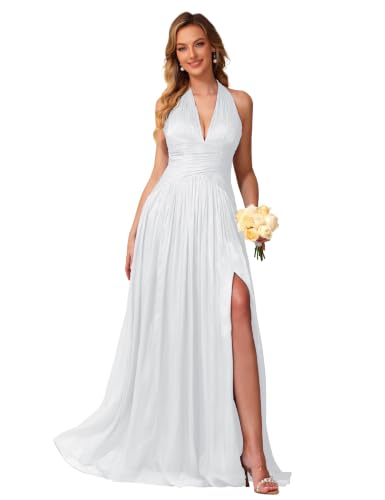 Image of Shimmer Chiffon Bridesmaid Dresses for Women Long | Deep V Neck,Pleated,Knotted,Empire Waist,with Slit,Breathable,Lightweight,Flowy,Formal Evening Dress