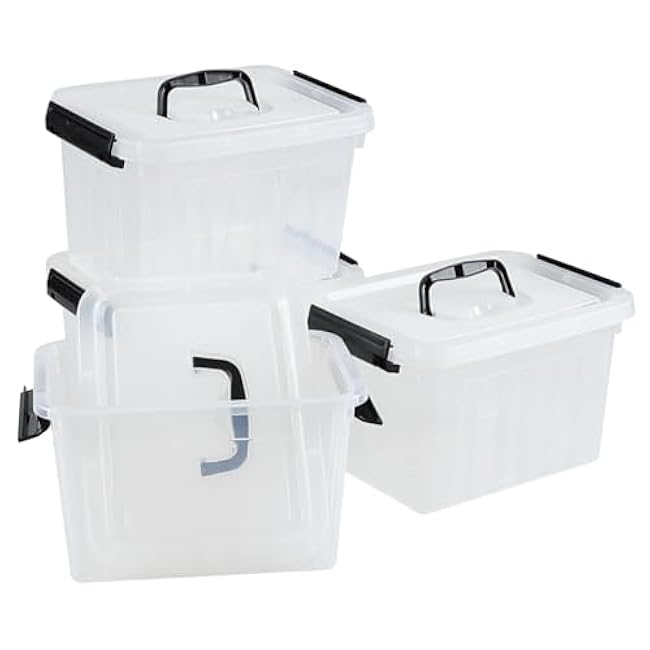 4-Pack 6.5 Quart Small Storage Boxes, Plastic Storage Latch Bin, Clear