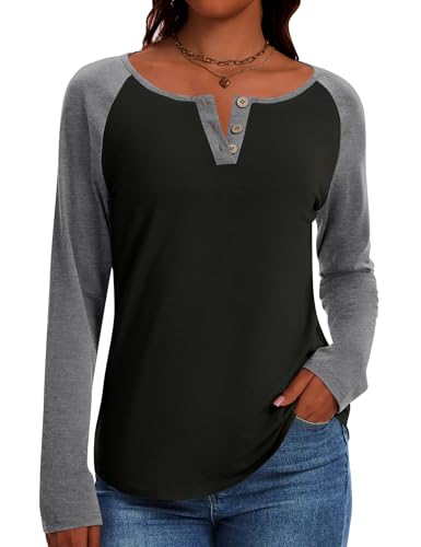IECCP Long Sleeve Shirts for Women Casual Henley Tops Loose Fit Tshirt Dressy Color Block V Neck Button Womens Tunic Blouse4