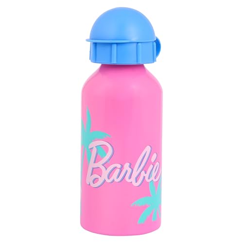 Barbie Kids Water Bottle Pink with Palm Tree Design 400ml Single Wall Aluminium Blue Flip Top Lid with Sipper