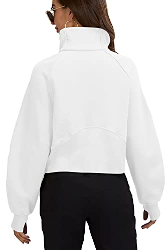 Womens Sweatshirts Half Zipper Crop Pullover Funnel Neck Fleece Lined Zip Up Long Sleeve Tops Thumb Hole White #TOP1