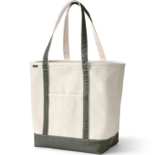 Image of Lands' End Natural Long Handle Open Top Canvas Tote Natural /dark Olive Green Large Long Handle