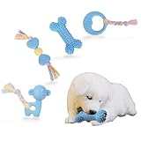 kattypet Puppy Toys for Teething, Dog Chew Toys for Small & Medium Breeds, Soothe Teething Pain, Lessens Anxiety, Durable, All-Natural Rubber and Cotton, 4-Pack (Blue)