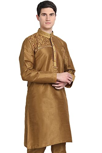 Image of Amazon Brand - Anarva Men Art Silk A-Line Kurta Embroidered Long Kurta