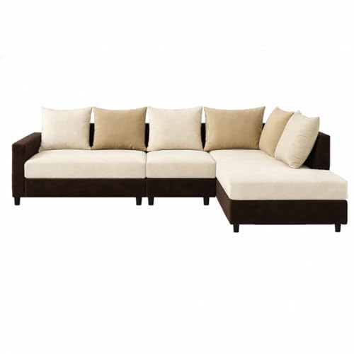 Image of FURNY Glory 6 Seater RHS Fabric Sofa Set (Dark Brown-Cream-Beige) with Velvet Finish | Durable Comfort | Ideal for Living Room. | Breathable material