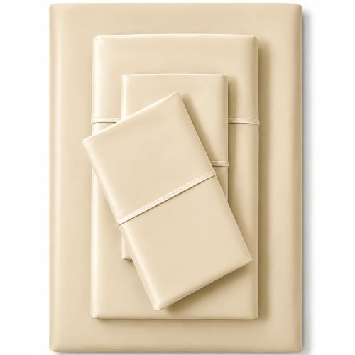 Image of Feather & Stitch 500 TC California King Size 4pc Damask Bed Sheet Set, 100% Soft Cotton Breathable Bedsheets, 18 inch Deep Pockets Sateen Weave Solid Bedding Mattress - (Solid Beige)