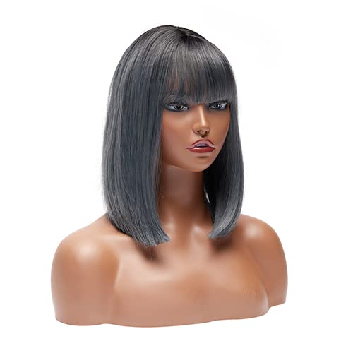 14 Inch Short Bob Grey Wig, Straight Hair Fashion Bob with Bangs. Natural Soft as Real Hair. Heat Resistant Synthetic Wigs for Daily Party. Grey Short Bob Cosplay Wig for Women.