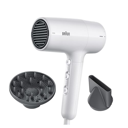 Braun Hair Dryer BRHD226SDE Light Weight Fast Drying Time 3 Heat Modes plus Cool Shot 2200 Watts with 2 Attachments Drying Nozzle Curl Diffuser - White