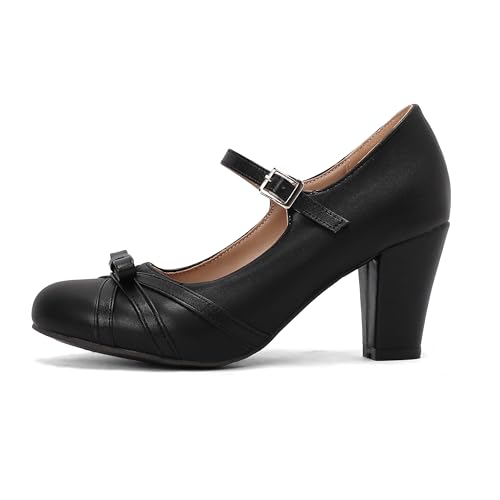 Women's Mary Jane Vintage Heels 1920s Chic Bow Wide Platform Pumps Round Closed Toe 1950s Ankle Strap Elegant Comfortable Formal Dress Shoes Woman3