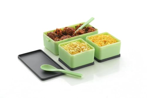 Image of Plastic Lunch Box Comes with 3 Detachable Box, 2 Spoons & Stylish Lid Bpa Free, Air Tight,Easy to Carry in Bagpack Ideal for Office, School & Oudoor Double Decker (Multicolor), 1.4 Liters