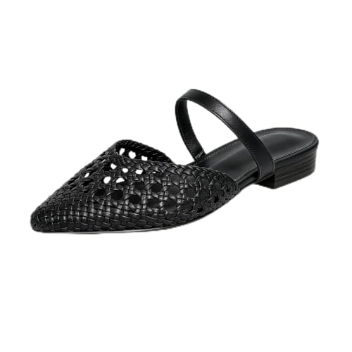 Image of Mesh Mules for Women Comfy Raffia Woven Strap Closed Pointed Toe Mule Flats Casual Slip on Dress Slides Flats
