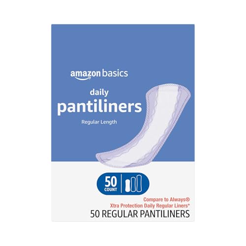 Amazon Basics Daily Pantiliner, Regular Length, Thin Absorbent Feminine Pads for Women, Unscented, 50 Count (Previously Solimo)