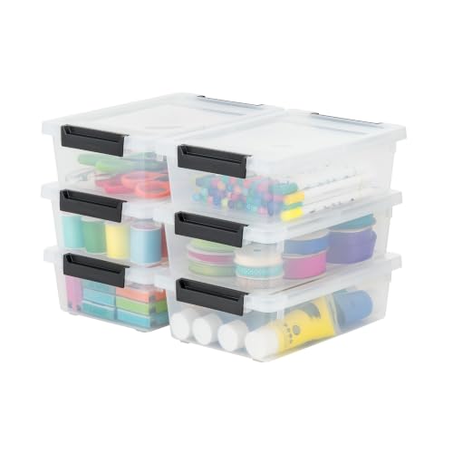 Image of IRIS USA 2 Qt. Craft Storage Bins with Lids, 6-Pack, |Made in USA|, Clip Box, Small Plastic Sensory Bin Tote Organizer Containers for Art Supplies, Paper, & Office, Stackable - Clear /Black