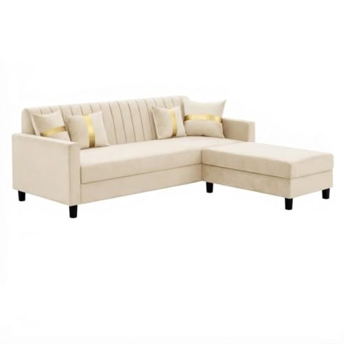 Image of CASASTYLE Korion 4 Seater L Shape Sofa Set with Movable Ottoman | Flexible Left or Right Layout | Cozy Velvet Fabric | Soft Touch Seating | Modern Designer Sofa for Living Room (Cream Color)