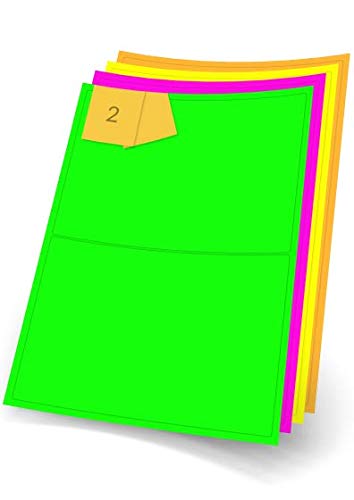 Fluorescent Coloured Rectangle Pink, Orange, Yellow or Green A4 Printer Labels, Inkjet or Laser, 2 per Sheet, 200 x 144mm (Green, 500)