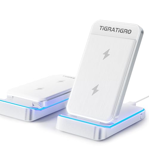 Tigratigro Chargeur sans Fil 15W - Induction Stand - Support de Charge Rapide Qi Pliable, Compatible iPhone 12-16/Samsung Galaxy - Design Élégant Argent