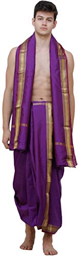 Dhoti and Angavastram Set with Wide Golden Border (Ready to Wear) - Art Silk
