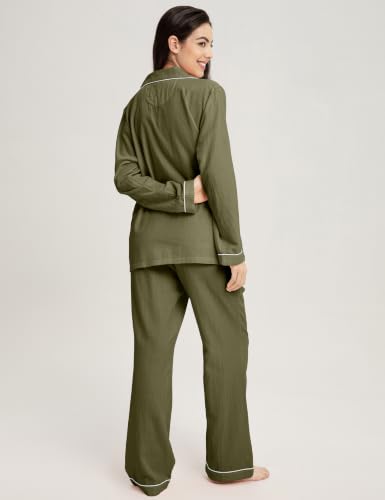 Image of Womens Muslin Pajama Set 100% Cotton Double Gauze Linen Like | Breathable Soft Comfort Button Up Loungewear Sleepwear PJ Set