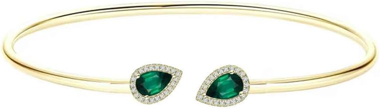 Pear Cut Halo Style Green Emerald Cuff Bangle Bracelet for Women, 14K Yellow Gold Finish May Birthstone Emerald Adjustable Bangle