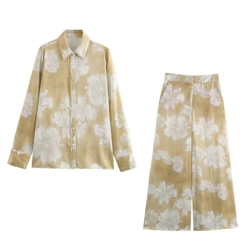 Women's Temperament Flower Print Silk Satin Texture Long Sleeved Lapel Shirt Long Pants Set