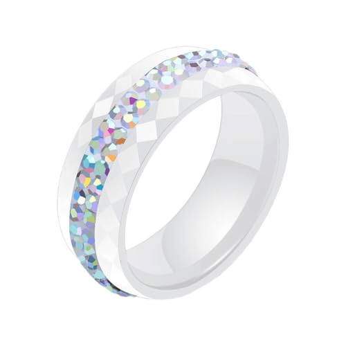 Image of PAMTIER Unisex Ceramic 8mm Personality Simple Multi-Faceted Rhombic Cut 2 Lines Rows Crystal Zircon Inlay Ring Eternity Wedding Band