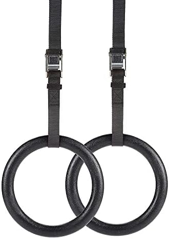 Nylon Gymnastics Rings with Straps and Buckles for Cross Fitness Functional Training and Total Body Conditioning (Black)