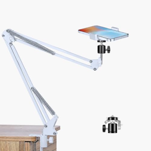 Image of Overhead Tripod Mount Hinged Arm with Mobile Phone Holder, Adjustable Suspension Scissor Desk Clamp Stand for Video Recording, Live Streaming, Webcam, Ring Light (All Withe Arm)