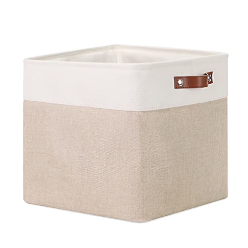 Image of DULLEMELO Cube Storage Bin 13x13,Collapsible Fabric Storage Cube for Organizing,Cubby Storage Basket for Shelves,Closet,Laundry,Nursery,Toys,Clothes (White&Khaki)