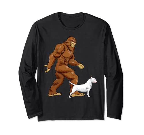 Funny Bigfoot Walking Bull Terrier Sasquatch Dog Long Sleeve T-Shirt, Black