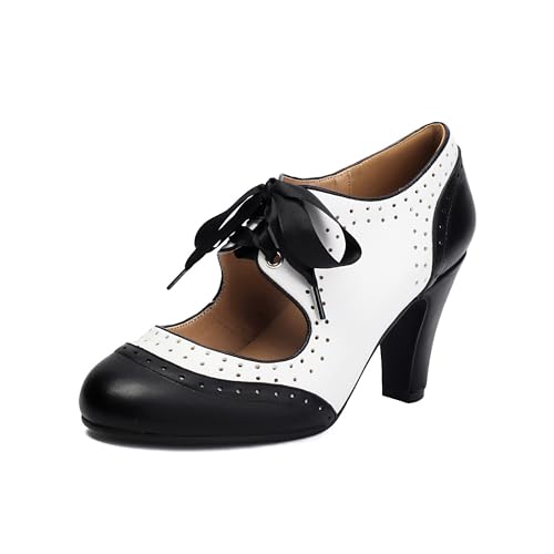 Women's Mary Jane Vintage Close Round Toe Lace Up Vintage 1950s Heels Retro 1920s Victorian Pumps 1930s Shoes
