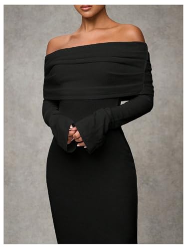 SOLY HUX Women's Off The Shoulder Maxi Dress Long Sleeve Bodycon Ruched Party Wedding Guest Long Dresses4