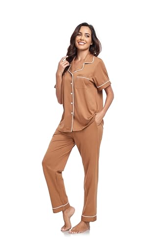 Image of COLORFULLEAF Women's 100% Cotton Pajamas Set Button Down Sleepwear Short Sleeve Shirt and Long Pants Soft Ladies Lounge Sets