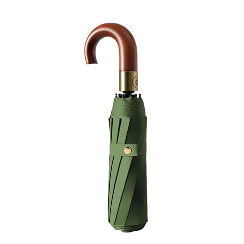 Luxurious Travel Folding Umbrella with Crook Real Wooden J Handle for Men/Portable /Automatic Open/Close Coating Layer Fabric Blocking/Rain Sun/Anti UPF 50 UV Protection 99.9%/Golf/Car Backpack